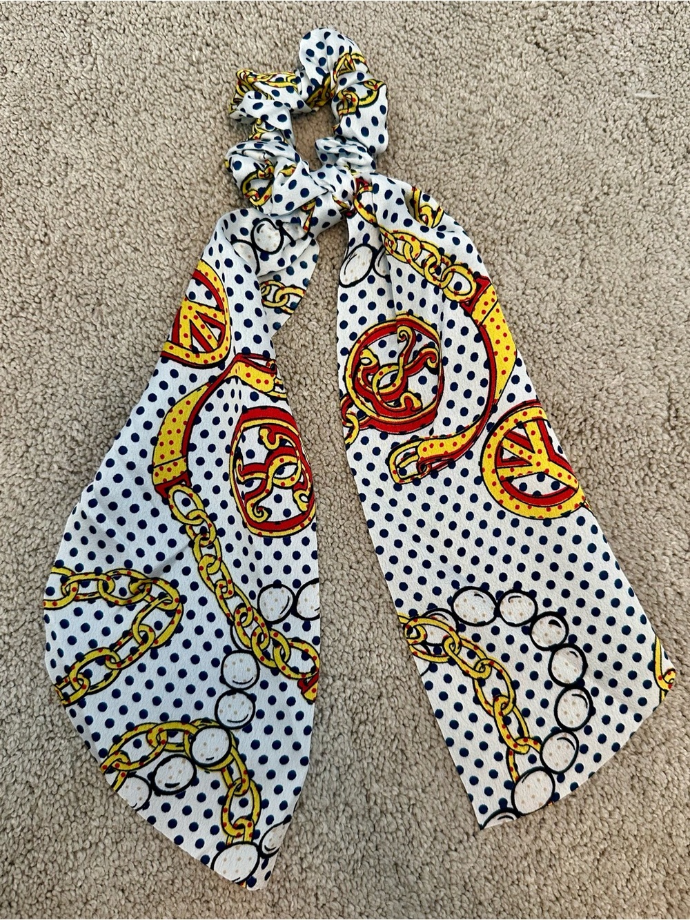 Polka Dot Chain Print Hair Scarf Scrunchie - White/Yellow/Red